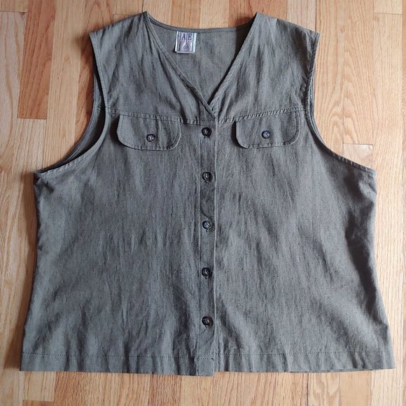 Vintage AE Sport Linen Cotton Sleeveless Olive Green Button Up - Picture 2 of 15